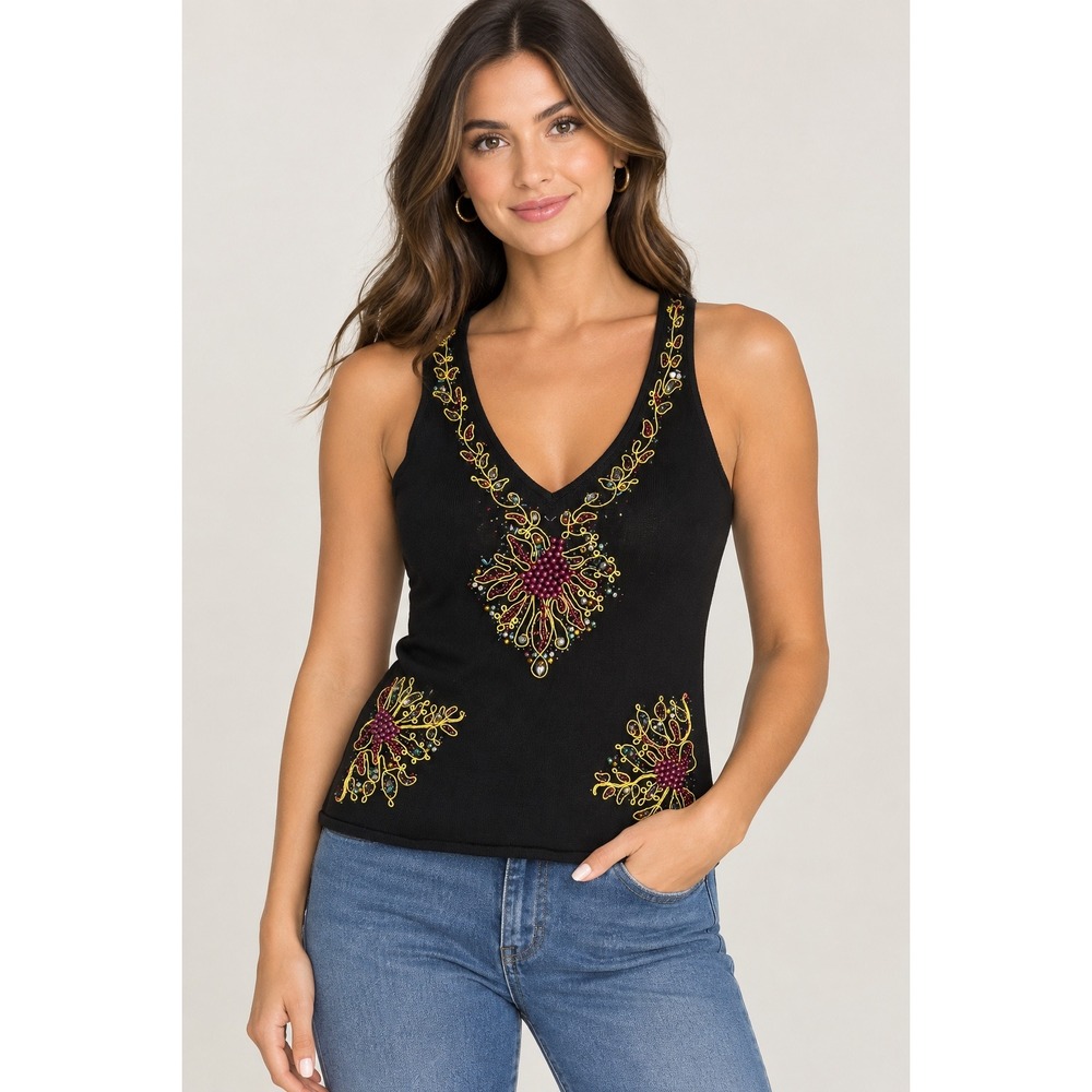 Vintage Cache Women Black Beaded Floral Embroidered Racerback Tank Top M V-Neck